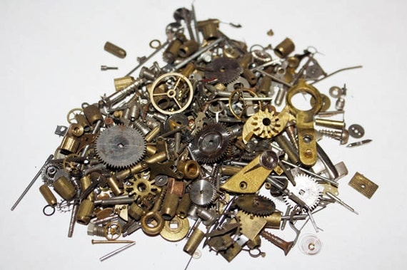 1 oz  - 28 grams - 200 plus pieces - Vintage Steampunk Watch Parts Gear Cogs Dials Supplies Lot