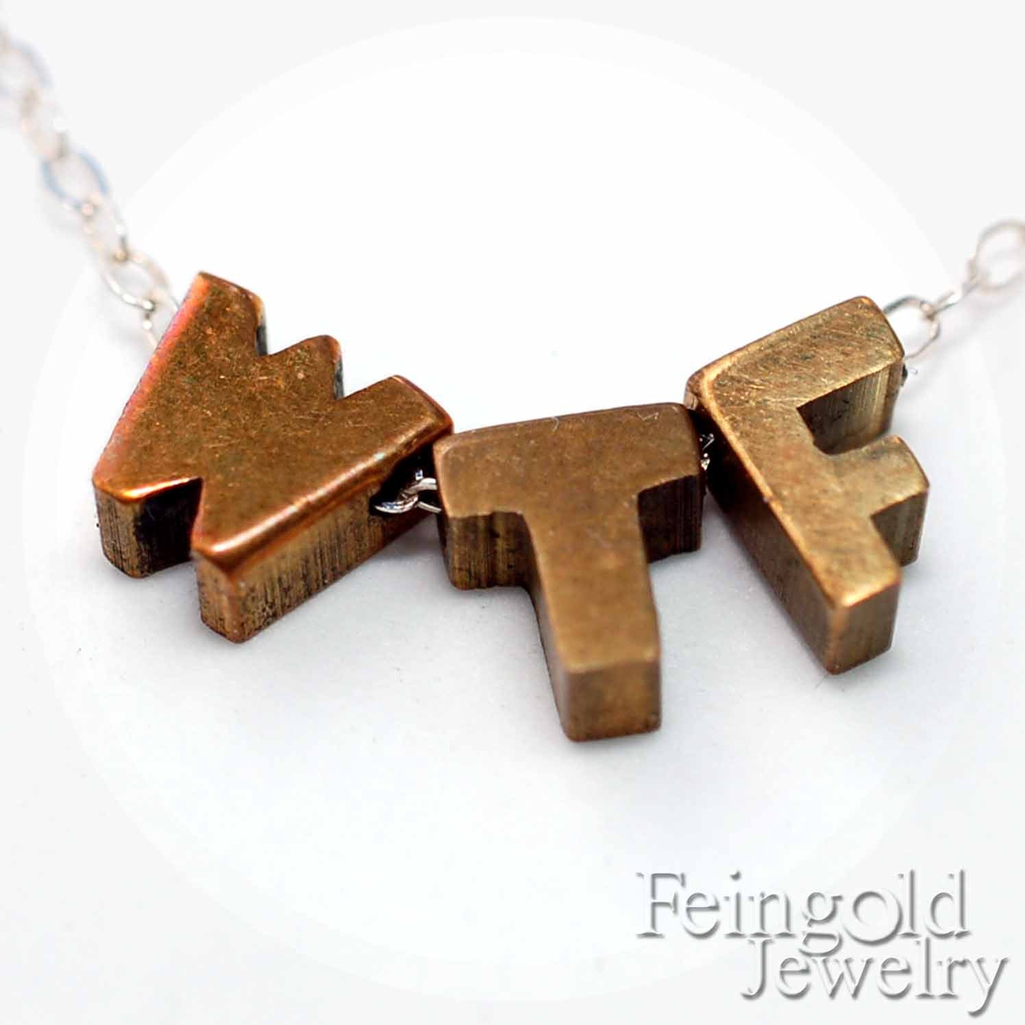 WTF - Charm Necklace - Letters - Vintage Brass Pendant on Sterling Silver Chain - Free US Shipping
