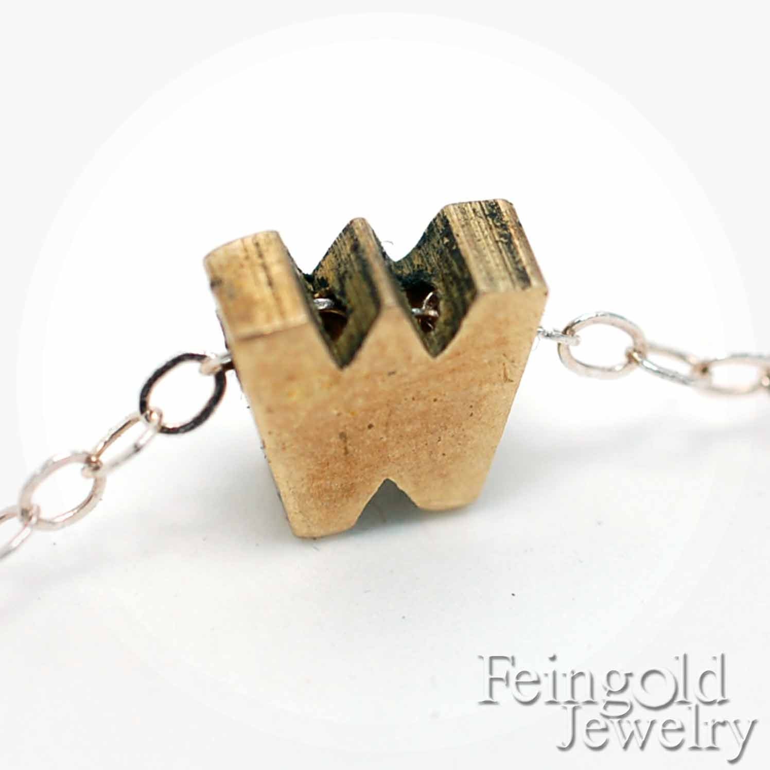 W Necklace - Letter - Vintage Brass Initial Pendant on Sterling Silver Chain - Free US Shipping