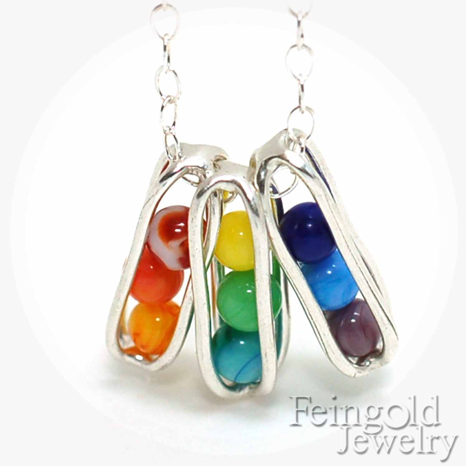 Gravity: Nine Rainbow - Sterling Silver Necklace with Floating Spheres