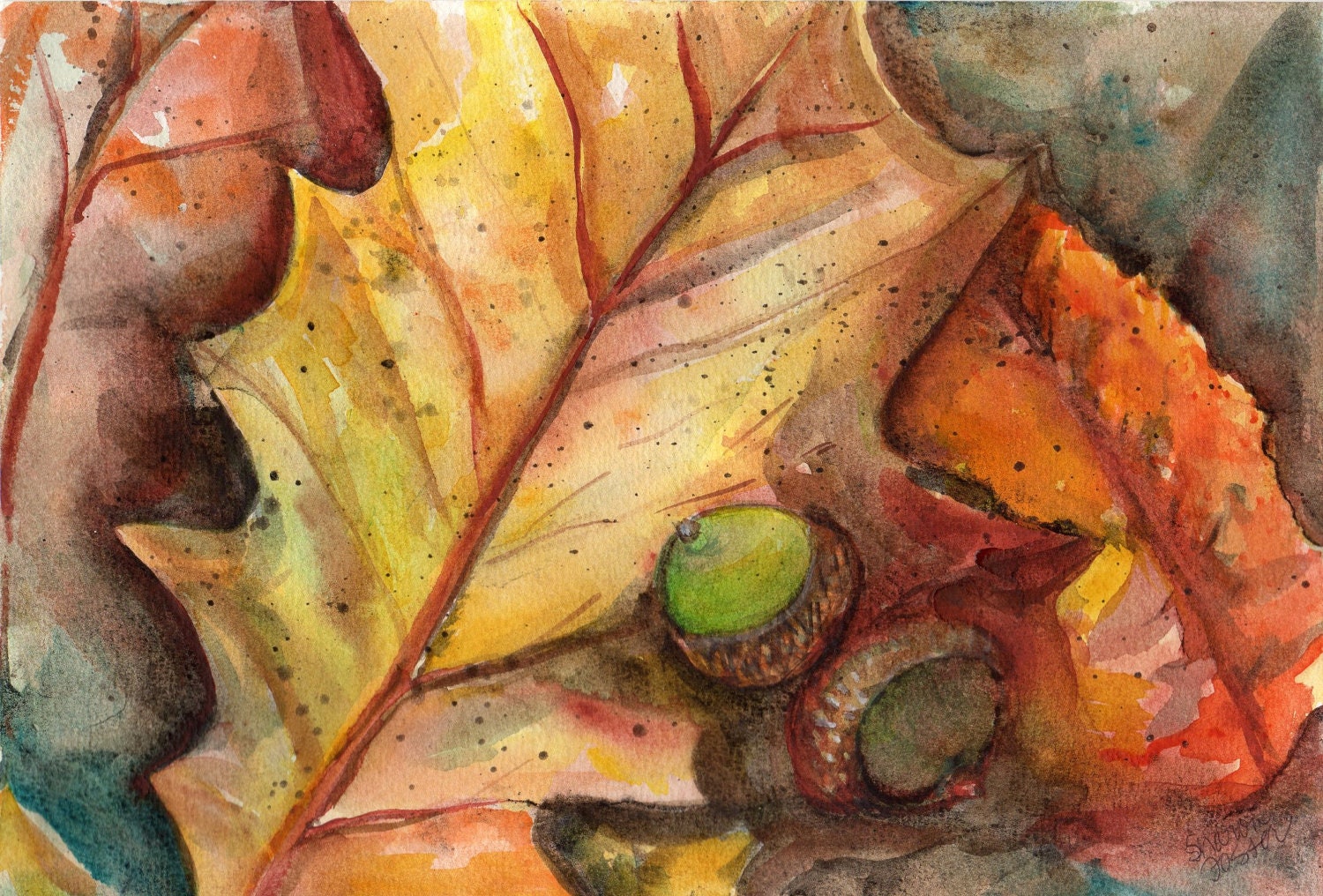 Original Autumn Leaves and Acorns Watercolor Painting