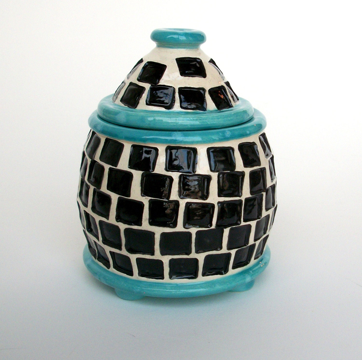 Handmade Ceramic Jar with Squares Black White Turquoise
