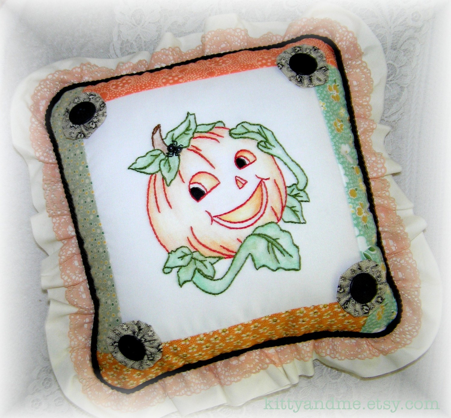 Decorative Embroidered Halloween Pumpkin Pillow Cottage Chic Decor
