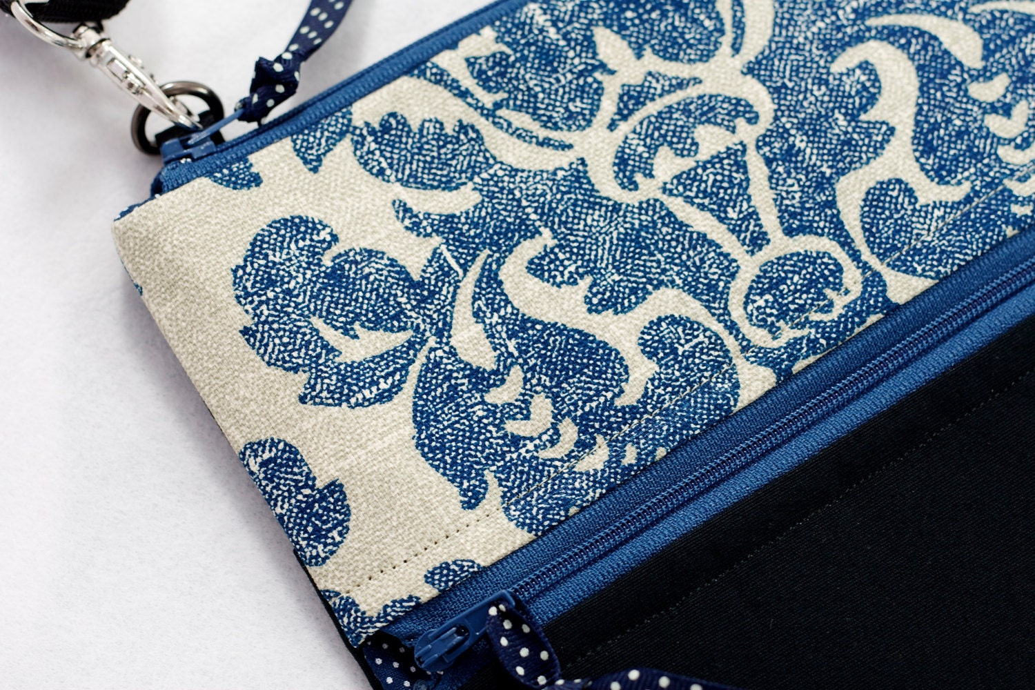 Cross Body Sling Bag Fits the iPad Mini or E Reader Rustic Blue Damask