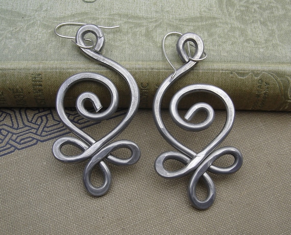 Unique BIG Earrings - Celtic Budding Spiral Swirl - Light Weight Hammered Aluminum Wire - Celtic Jewelry