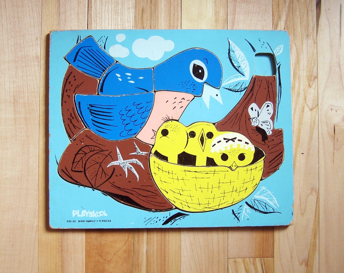 Vintage Playskool Wood Wooden Puzzle Bird Family by SweetThunder