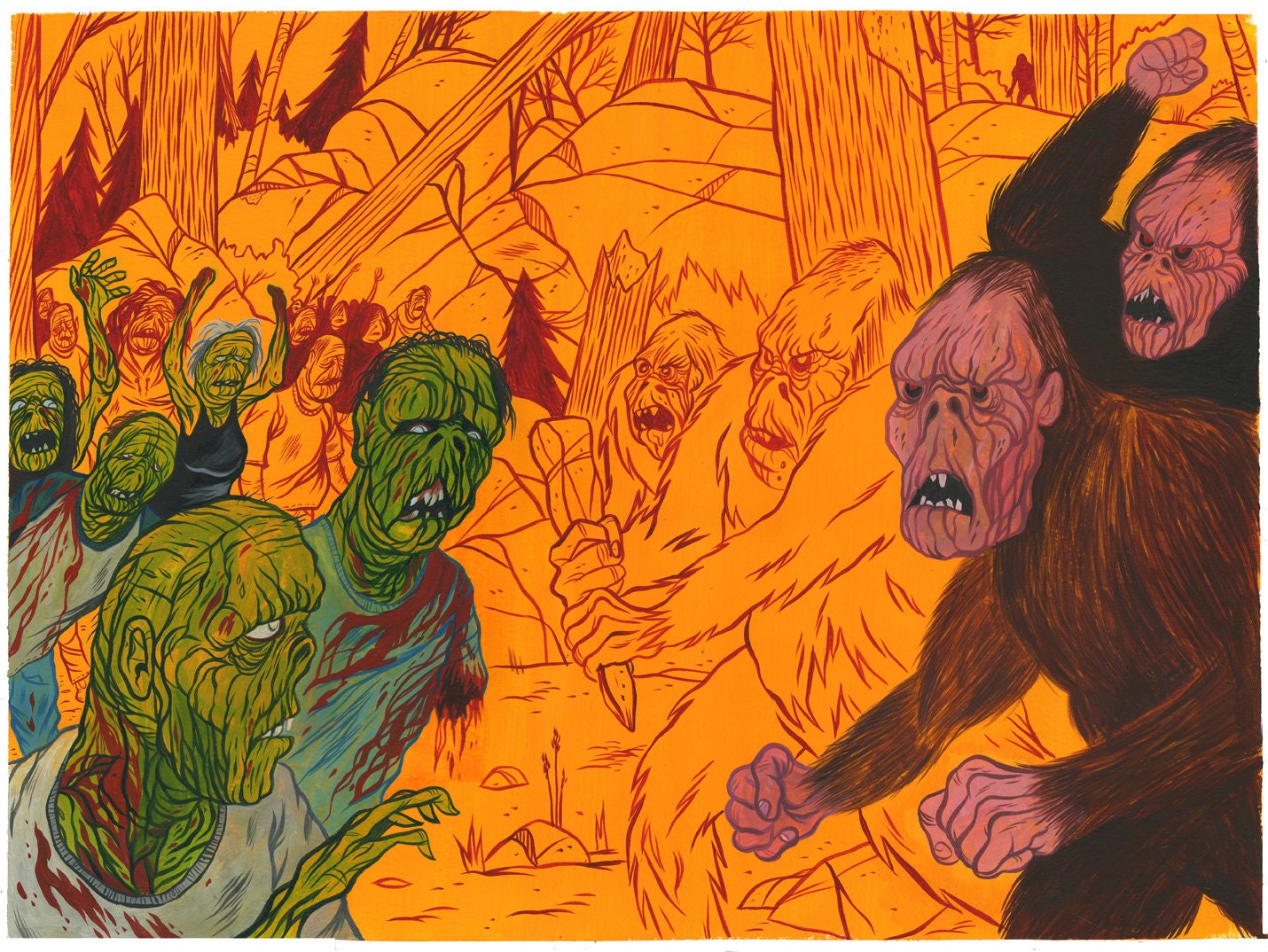ORIGINAL Bigfoot vs. Zombie War 15x20 gouache painting by "Mordicai Sulk"