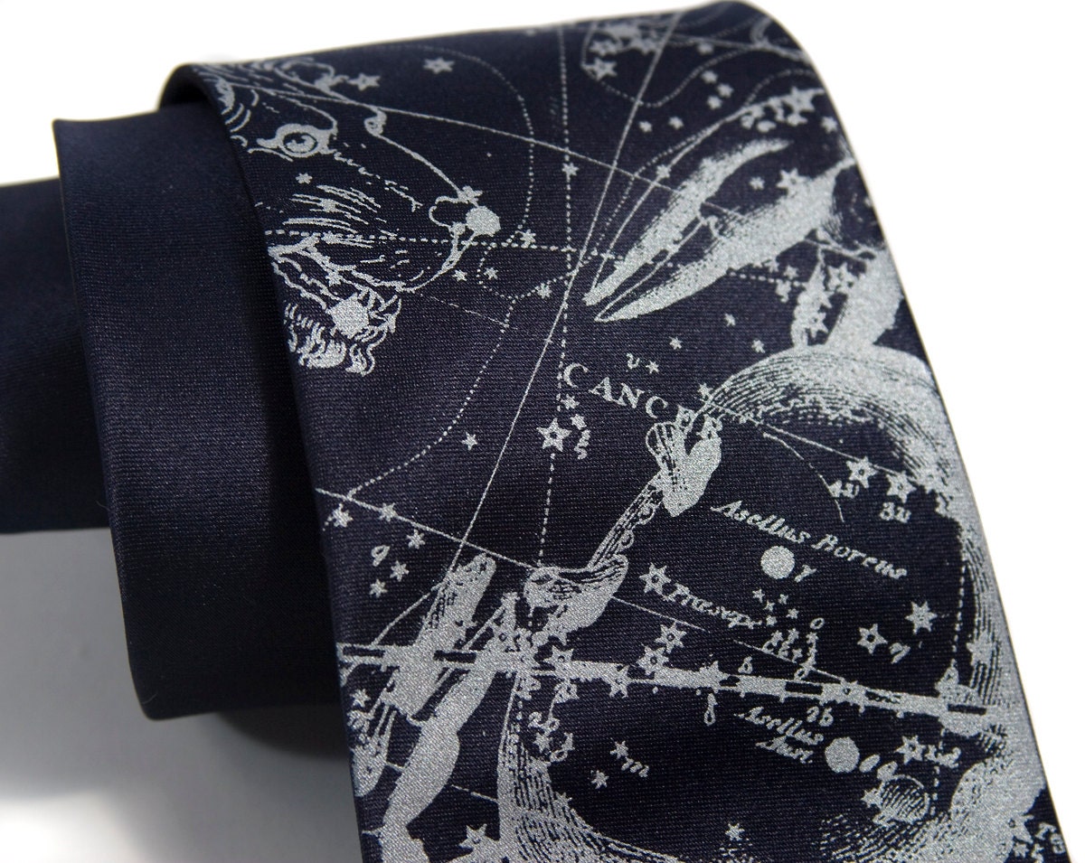 Cancer Zodiac necktie. Night sky constellation tie. Star chart men's tie. Silver crab print. Your choice of microfiber tie colors.
