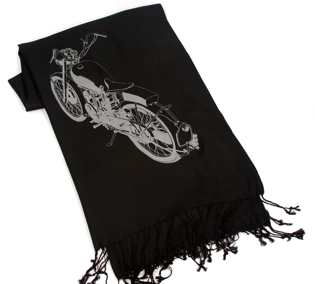 Mid-Century Motorcycle scarf. Black Pashmina. "Velocette" 350cc motorbike. Dove gray print. For men or women.