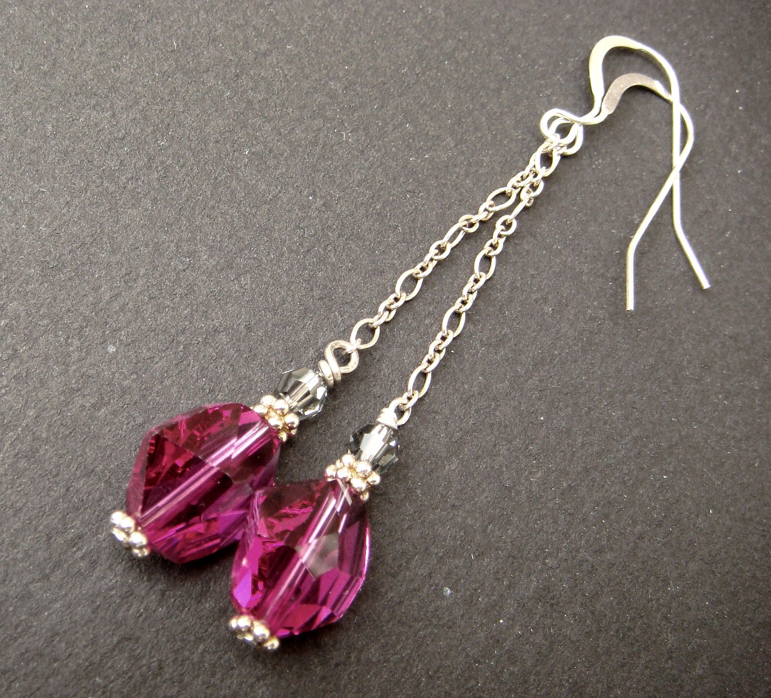 LUSCIOUS hot pink and grey swarovski crystal long bridesmaid earrings.  Vintage Style.  Wedding jewelry.  Sterling silver chain.