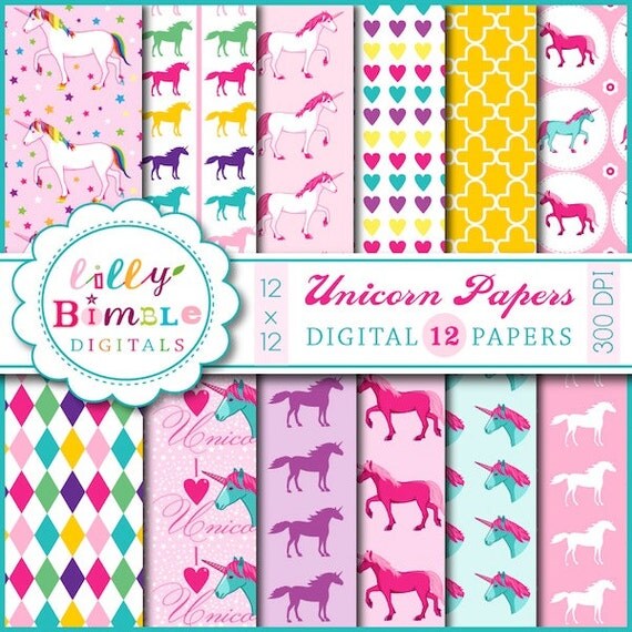 Unicorn Digital Papers for scrapbooking, cards, invitations, birthdays Il_570xn