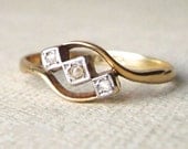 Edwardian Geometric Diamond Trilogy Ring, Antique Platinum, Rose Cut Diamond & 18k Gold Engagement Ring Size US 6