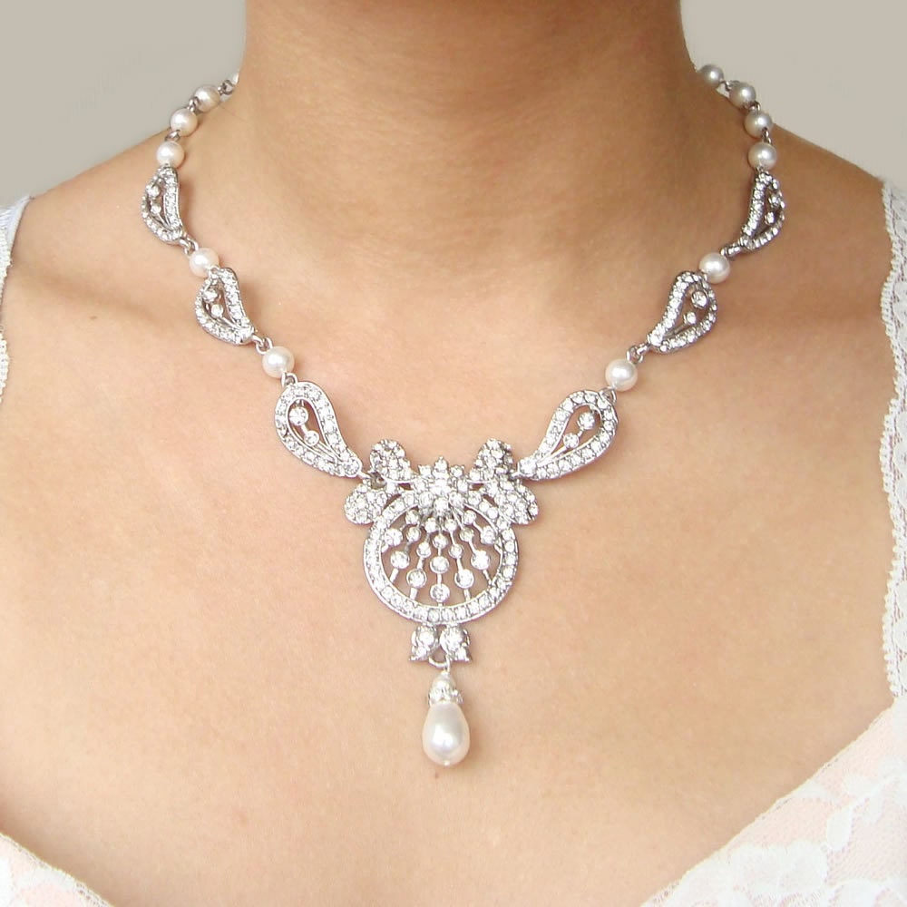 Art Deco Style Crystal Bridal Necklace, Rhinestone & Pearl Wedding Necklace, Vintage Style Statement Bridal Jewelry, CONSTANCE