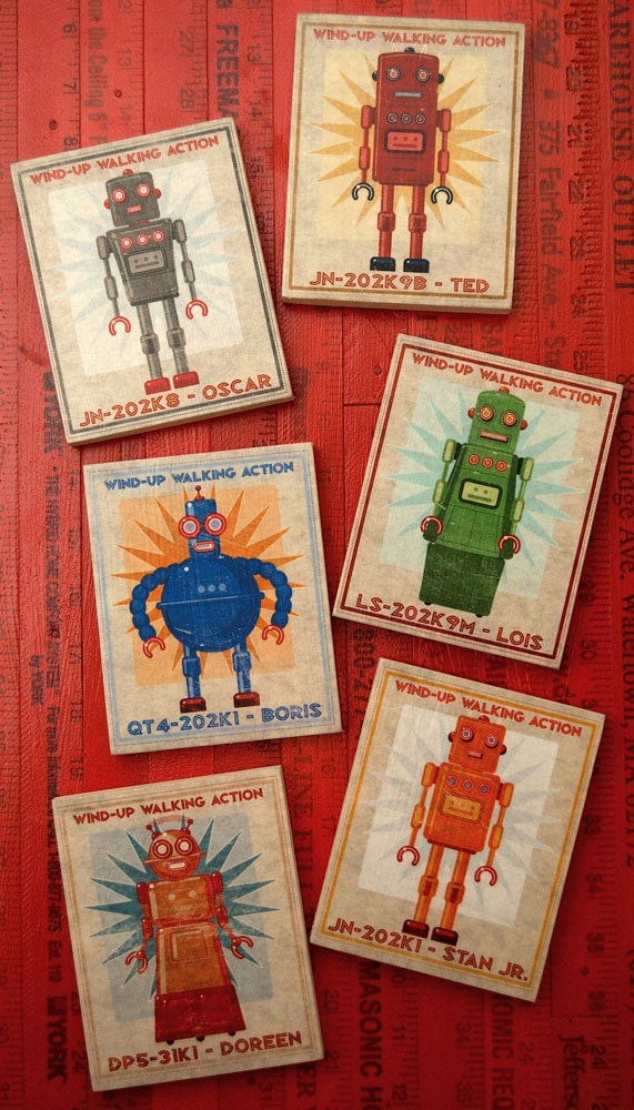 Retro Robot Art - Series Art Block - Set of 6 - 8 in x 10 in