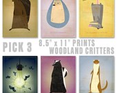 Cute Animal Art Woodland Nursery Prints - Woodland Critters Series Set of 3 Prints 8.5 in x 11 in Art for Kids Room - Seen on the Ellen Show
