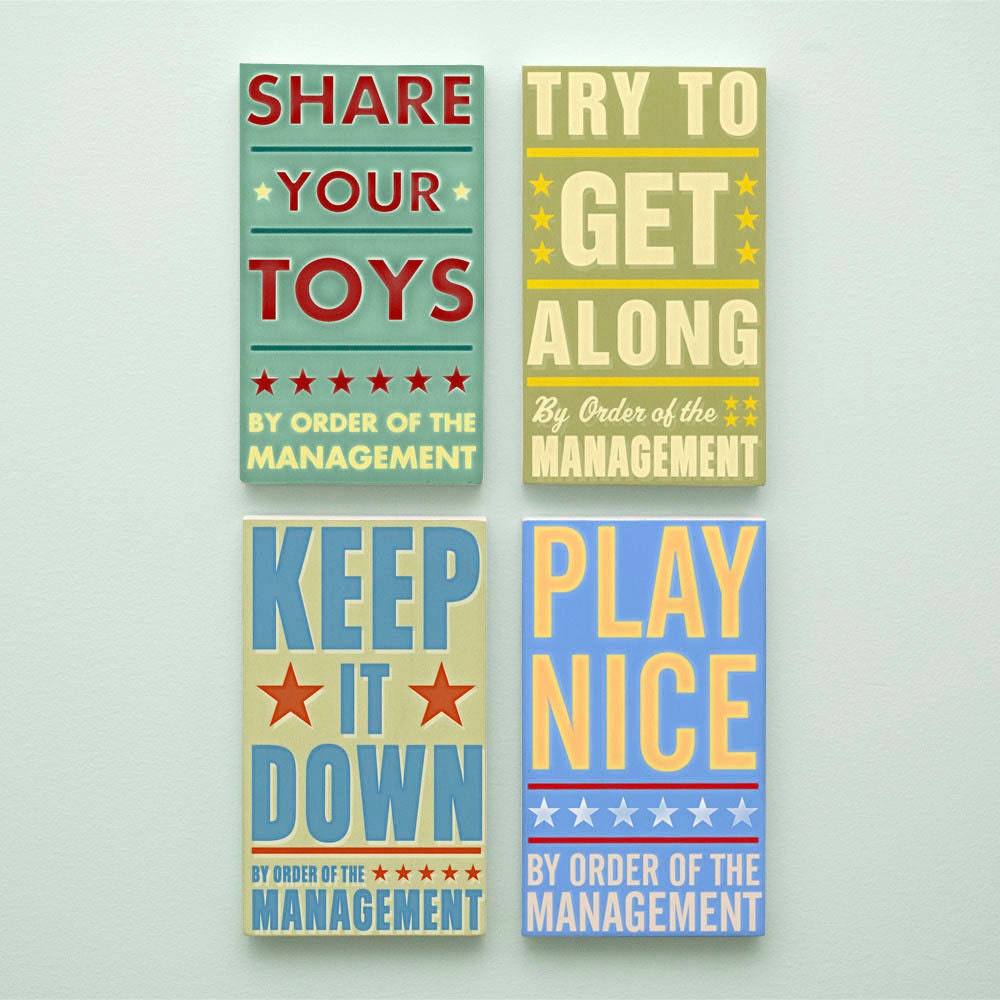 Kids Room Art for Playroom Decor Set By Order of the Management Word Art Blocks - Set of 4 - 4 in x 7 in Playroom Art - Kids Art Prints