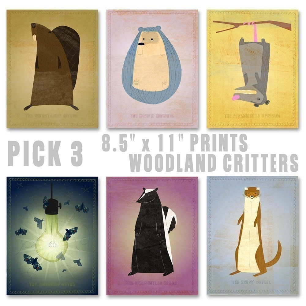Cute Animal Art Woodland Nursery Prints - Woodland Critters Series Set of 3 Prints 8.5 in x 11 in Art for Kids Room - Seen on the Ellen Show