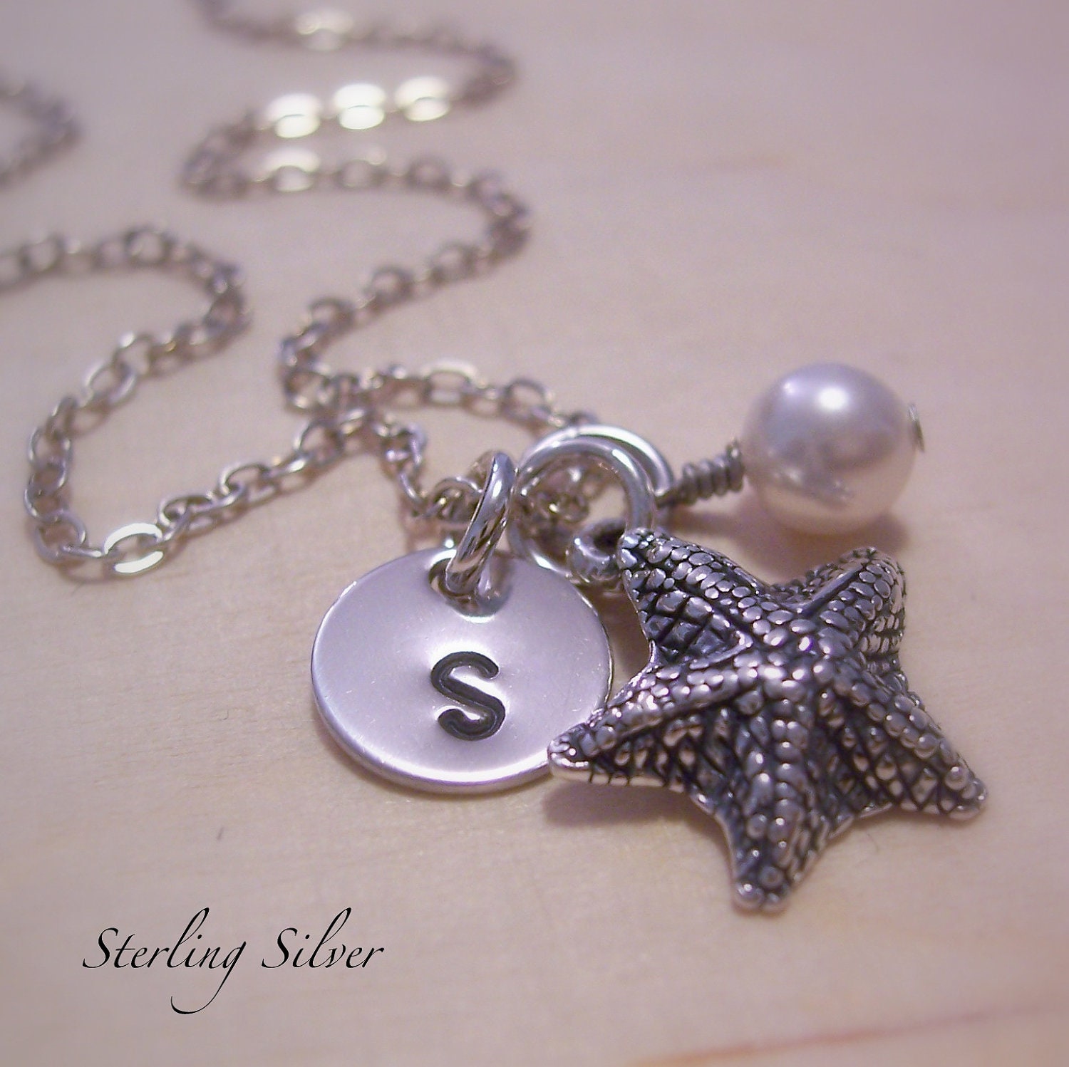 Personalized Jewelry - Starfish Charm Necklace - Sterling Silver Necklace With Hand Stamped Initial And Birthstone