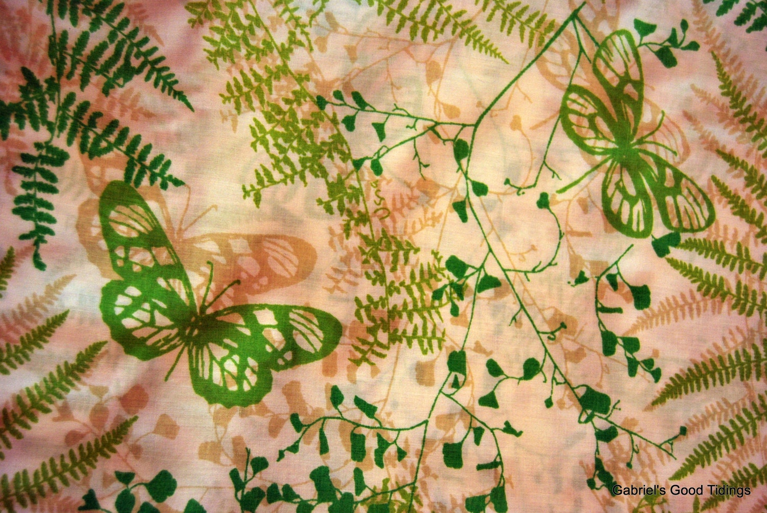 Vintage Fabric Fat Quarter -  Green and White Ferns with Butterflies