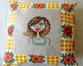 Brunette - Cross Stitch Embroidered Pillow Cover