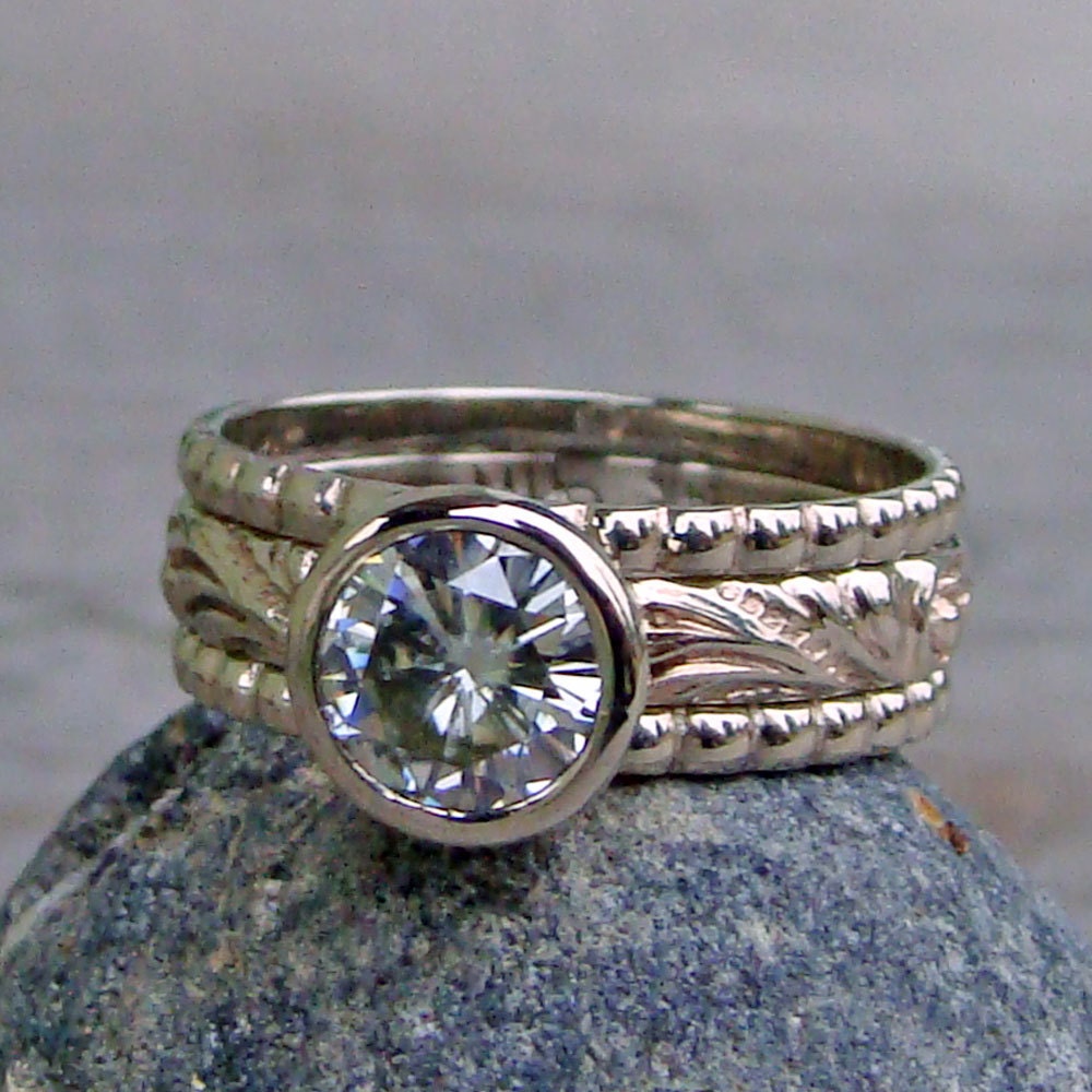 Forever Brilliant Moissanite and Recycled 14k White Gold Stacked Engagment Ring and Wedding Band Set - Diamond Alternative - Made to Order