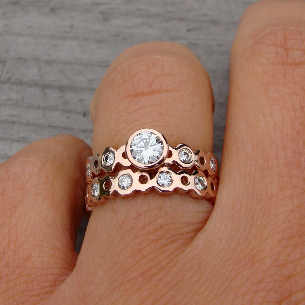 Moissanite and Recycled 14k Rose Gold Engagement Ring and Wedding Band Set - Eco-Friendly Diamond Alternative - Made to Order