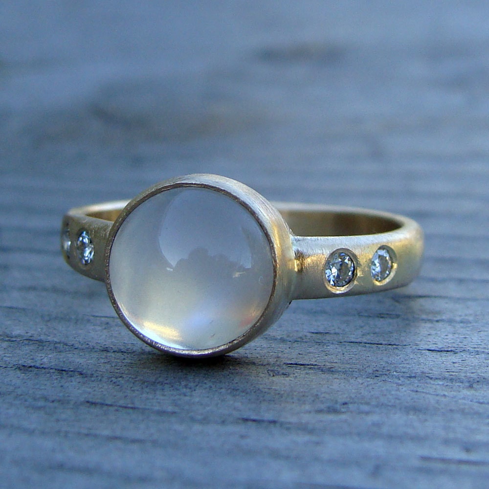 Ethically Sourced Moonstone Cabochon, Moissanite, and Recycled 14k Yellow Gold Ring, Made to Order - Diamond Alternative Engagement Ring