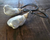 READY TO SHIP Medley Collection Dangle - Handmade. Hand forged. Keishi Pearls.14kt Goldfill. Heavily Oxidized Sterling Silver Earrings