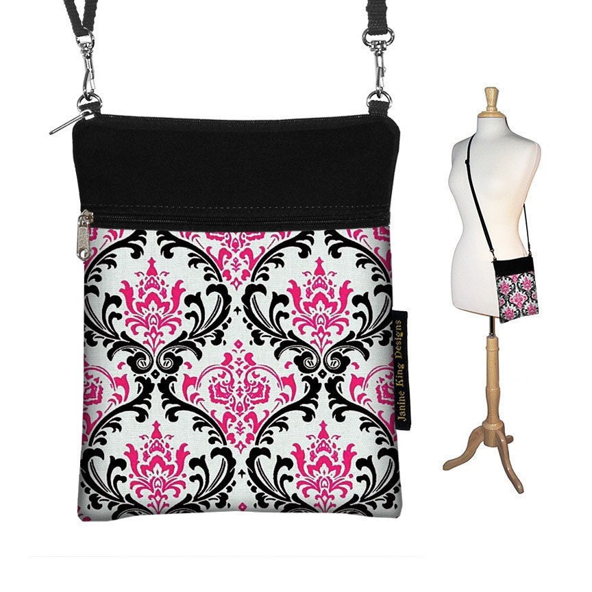 Sling Bag Shoulder Purse Cross Body Bag Small Travel Purse Zipper Fits Kindle 2 - Madison Damask Pink (RTS)