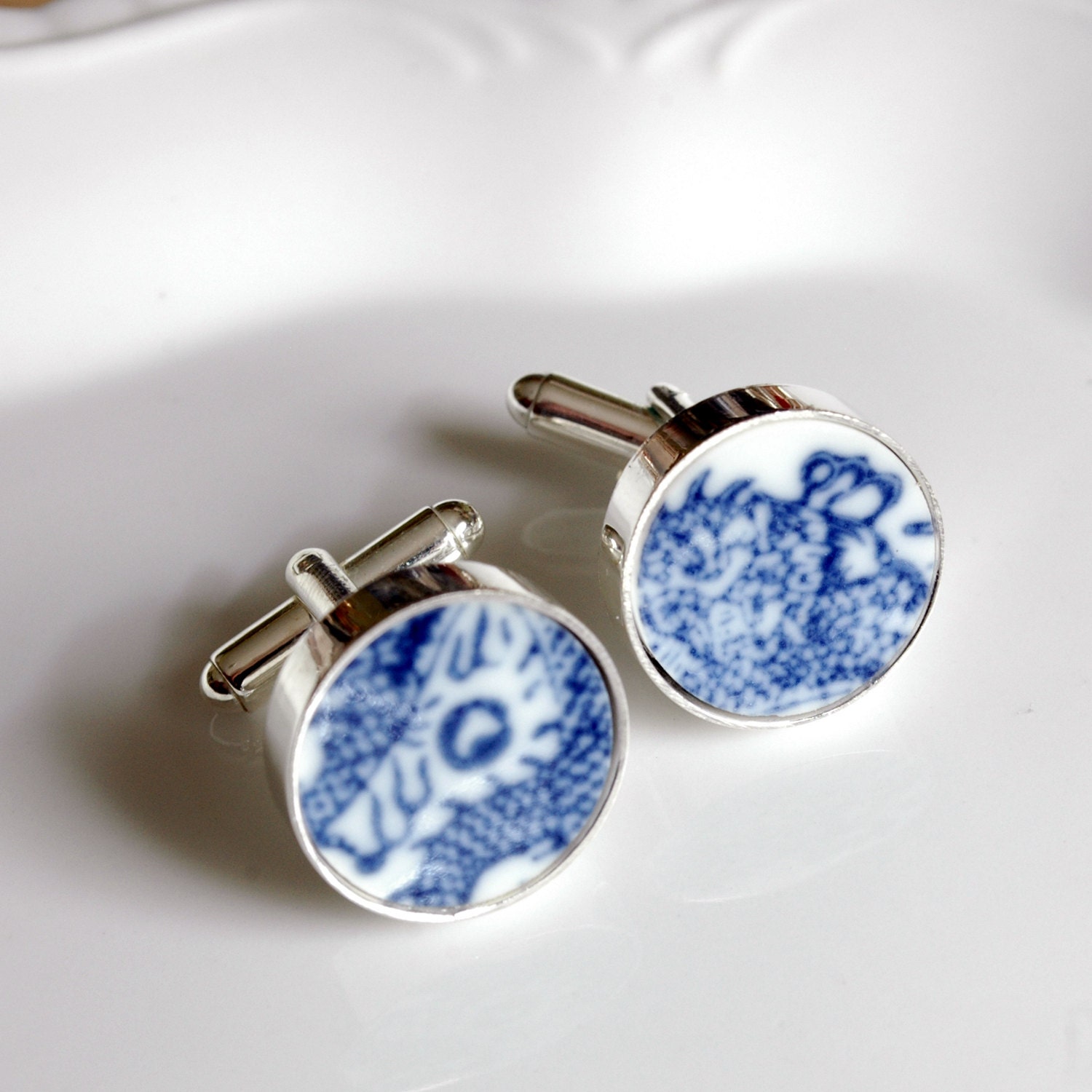 Recycled Plate Silver Plated Cuff Links - Blue and White - Recycled China
