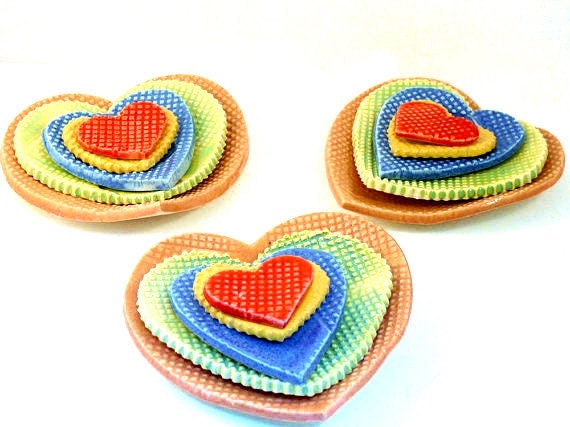 Five Tiny Nesting Hearts in Rainbow Colors Ships Immediately - - Ceramic heart shaped trinket dishes - teabag holder - minimalist decor - BlueSkyPotteryCO