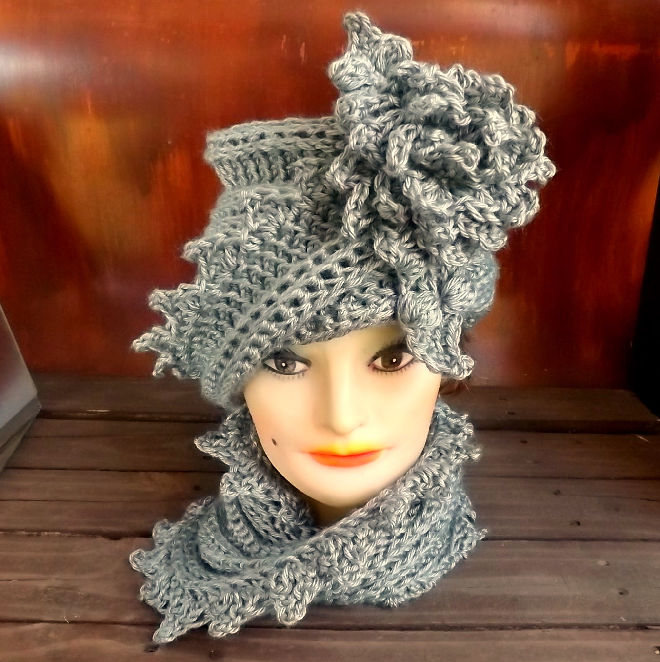 Crochet Hat and Scarf Set - LAUREN Cloche Hat with Flower & LAUREN Cowl Scarf in Gray - Sets Hat and Scarf - Womens Crochet Cloche Hat