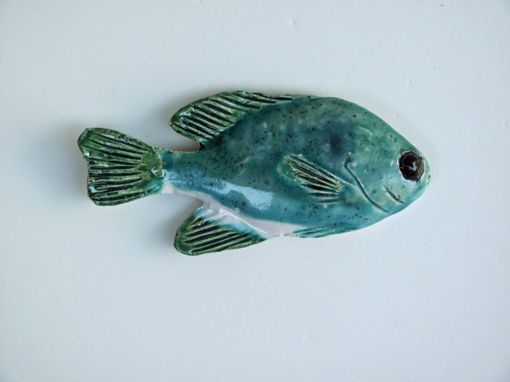 Ceramic art fish turquoise sunfish decorative wall hanging