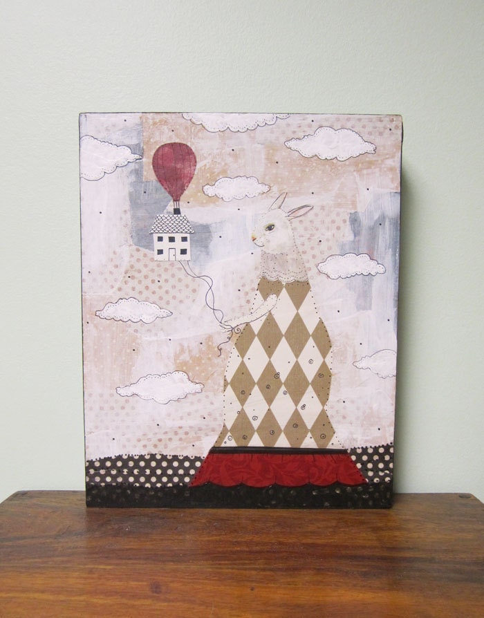 Original Collage Rabbit Painting , Mixed Media Art , Whimsical Balloon Painting