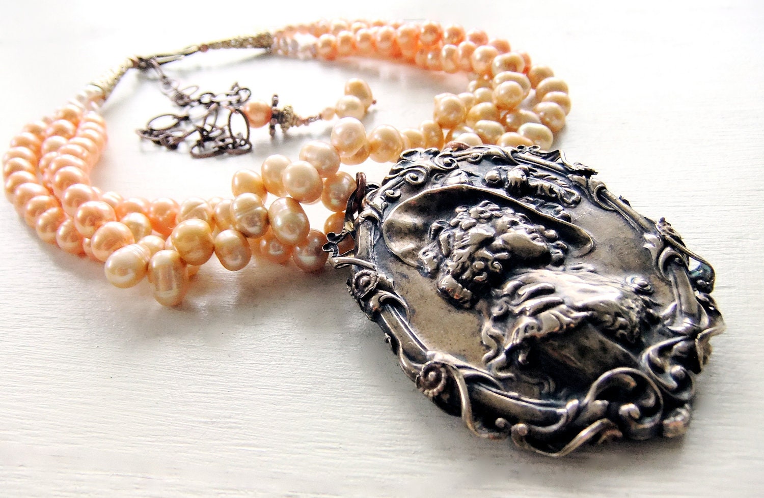Vintage Brass Filigree Pearl Renaissance Lady Portrait Pendant Necklace - Multi Strand Apricot Tangerine Blush Pearls, Copper