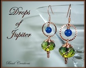 Copper Green Earrings Blue Jade Czech Glass Dangle DROPS OF JUPITER