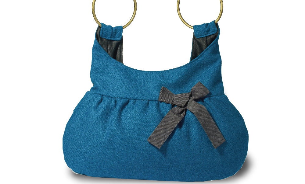 Little teal wool fabric Tote bag for woman Fall winter grey black handbag Handmade