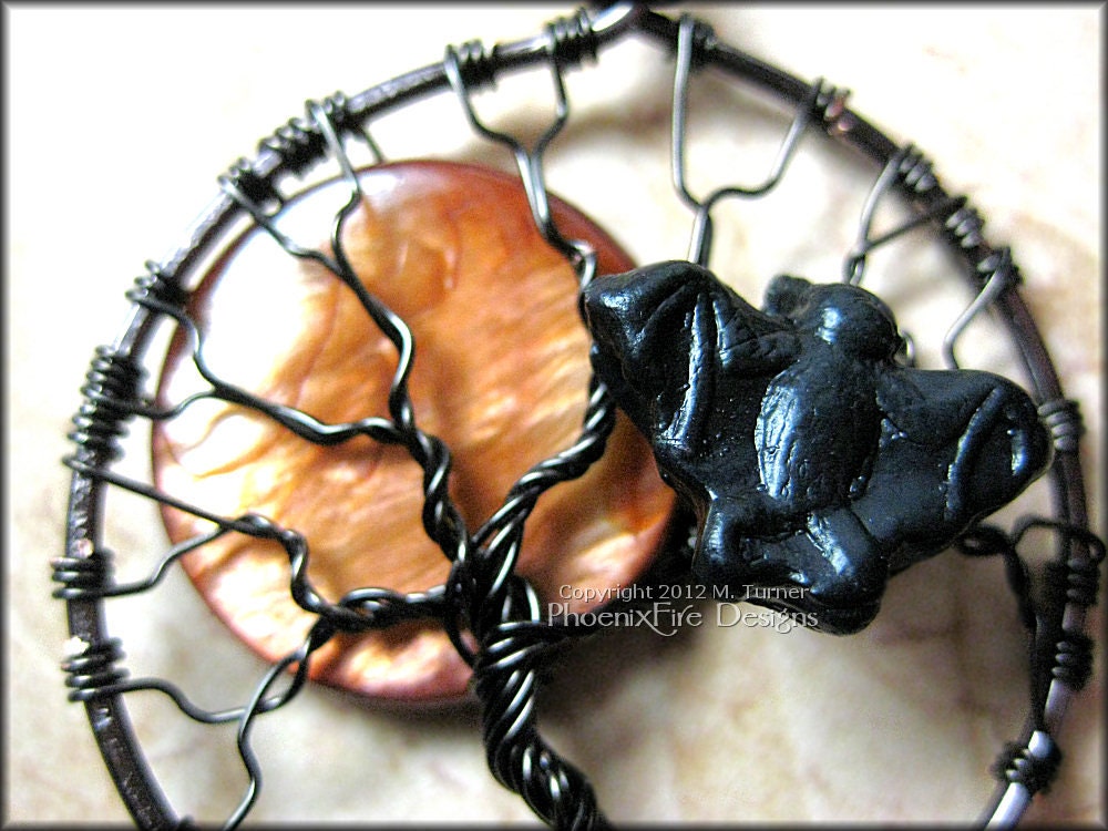 Bat Tree - Halloween Full Moon Tree of Life Pendant Copper (Orange) Pearl Coin Bead and Bat Charm in Gun Metal (Black) Wire Wrapping
