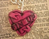Pink Pinup Tattoo Heart Banner Necklace by Ugly Shyla.