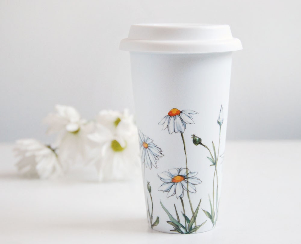 Hand Painted White Ceramic Travel Mug Double Walled Porcelain with Lid - Daisies, Botanical Collection