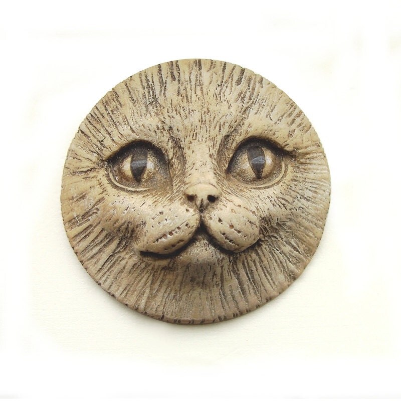 Faux Bone Cat Face Cab 40mm Round Kitty Kitten Animal Pet Cream Tan Sepia Oatmeal Neutral Polymer Clay Cabochon 2705