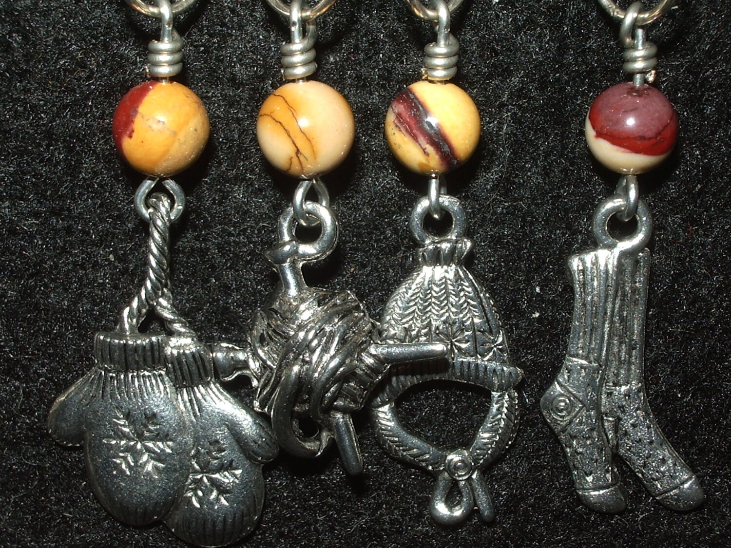 Things I like to knit Stitch Markers - hat, socks, mittens, and yarn ball with mookite - set of 4