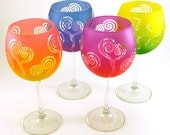 Wine Glasses - Spiral Hearts - Set of 4 - Custom Painted and Etched Glassware