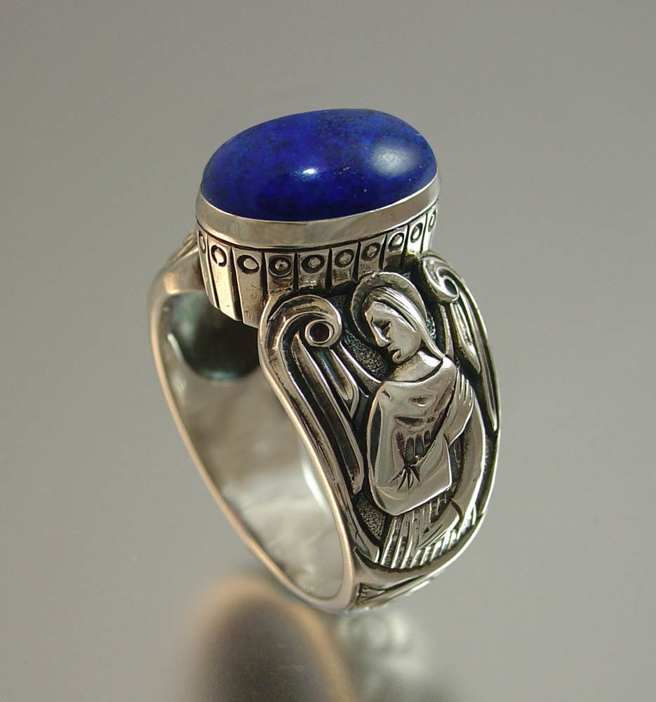 GUARDIAN ANGELS mens silver ring with Lapis
