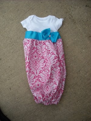 Custom size Boutique Baby layette wholesale gown shower Sugar is sweet pink damask with teal bow wholesale etsy