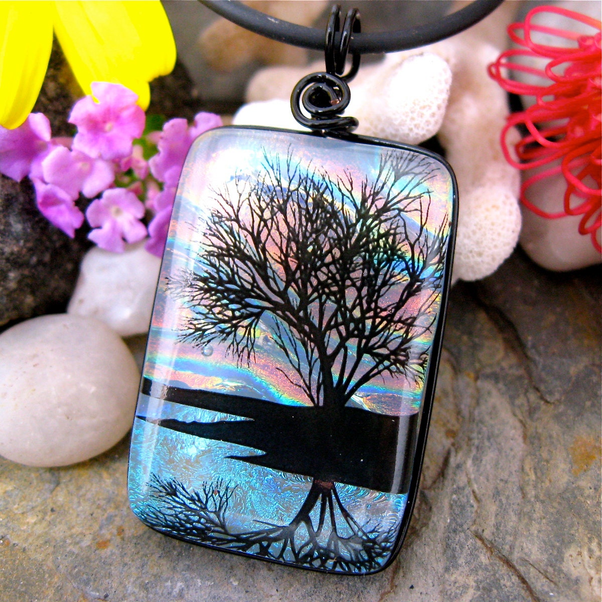 Dichroic Glass Pendant , Sunset Reflection Tree , Fused Glass Jewelry