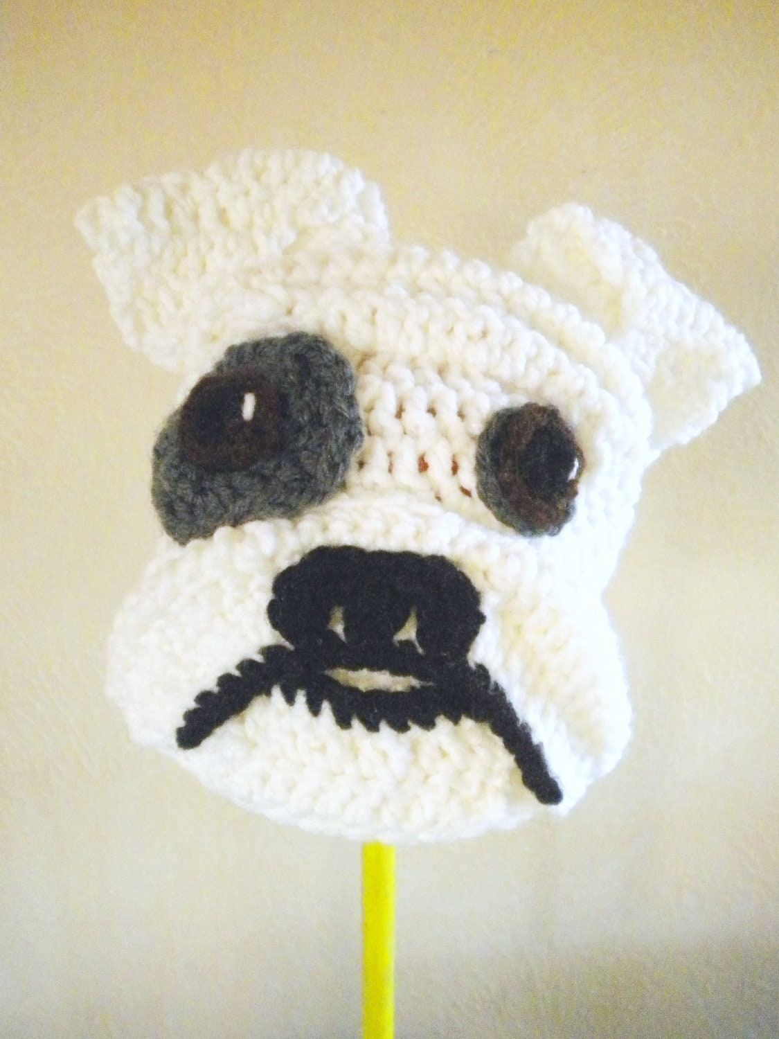 Crochet Bulldog Hat- White Dog Beanie with Floppy Ears, Wrinkly Snout - Animal Hat for Baby / Toddler / Boy / Girl / Man / Woman