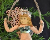 Spun Cotton Mermaid Ornament with Sea Fan Victorian Inspired OOAK Christmas Folk Art Vintage Craft
