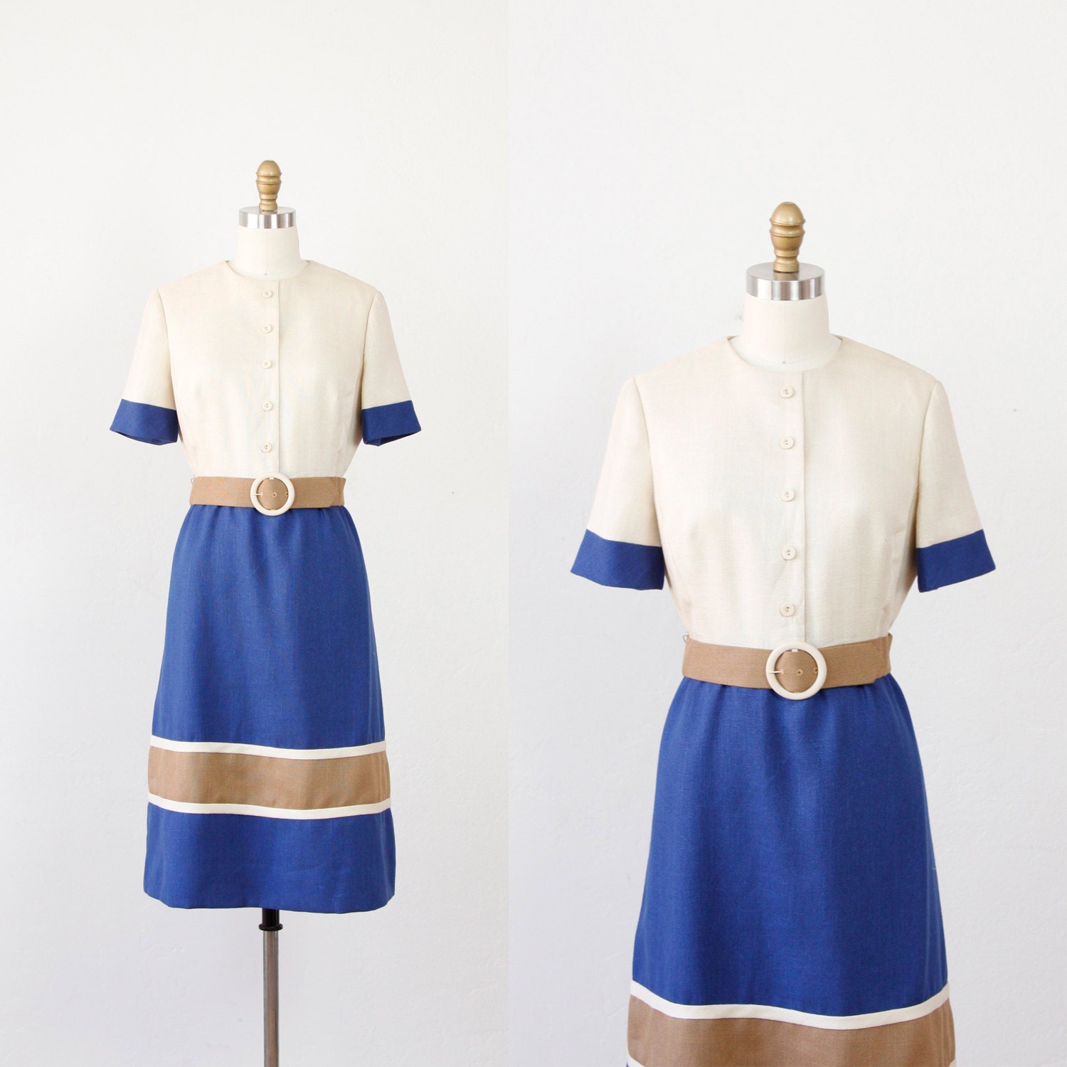 Ecru Navy and Tan Colorblock Dress with Belt
