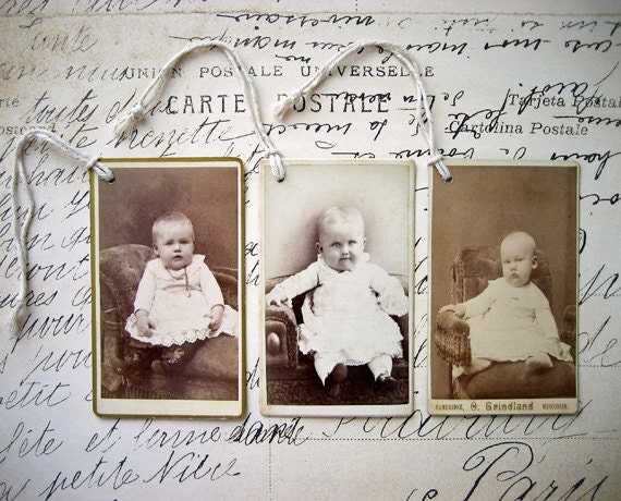3 Adorable Baby Photos Mini Cabinet Card Gift Tags